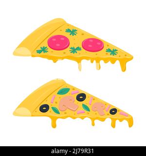 Two slices of pizza with olives, parsley leaves, sausage and champignons. Italian food with dripping melted cheese. Vector illustration in a flat cart Stock Vector