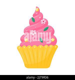 Festive, cupcake with cream, colors, and sprinkled with stars. Dessert, sweet food, pastries, a symbol of the holiday. Vector illustration in a flat c Stock Vector