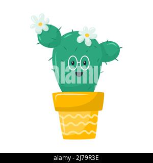 Cute happy cactus in pot, succulent with glasses. A houseplant wth flowers. Adorable botanical character. Vector illustration in a flat cartoon style Stock Vector