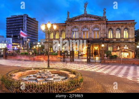 Night scene Plaza de la Cultura with the National Theatre of Costa Rica in San Jose at twilight time. Stock Photo