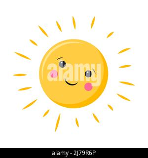 A simple sun with a face and eyes. Cute abstract sun with rays. A symbol of summer, weather. A simple vector illustration in a flat cartoon style isol Stock Vector