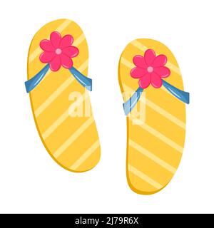 Slates for the beach with flowers. Summer beach shoes, flip-flops. Top view. A symbol of summer, vacation, rest. Vector illustration in a flat cartoon Stock Vector