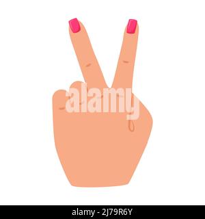 Gesture victory. A symbol showing V by a human hand. A woman's hand with nails covered with varnish. A simple vector illustration in a flat cartoon st Stock Vector