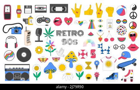 A set of retro symbols of the 90s. Gestures, tape recorder, clothes, flowers, videos, old cell phone. Nostalgia for the 90s. Bright colored vector ill Stock Vector
