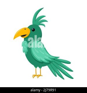 Cute green parrot. A tropical bird. An exotic animal. Vector illustration in a flat cartoon style isolated on a white background Stock Vector