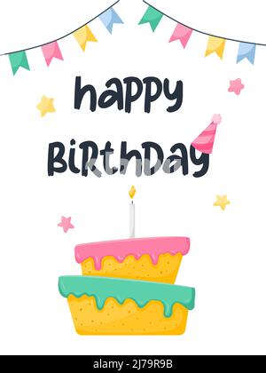 Birthday card with a cake and a candle, festive cap, stars and flags. Happy birthday. Rectangular card. Vector illustration in a flat cartoon style on Stock Vector