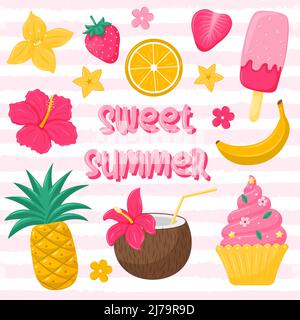 Sweet summer. A square postcard with text and bright summer fruits, sweets and ice cream. Seasonal sweet food, symbols of summer. Vector illustration Stock Vector