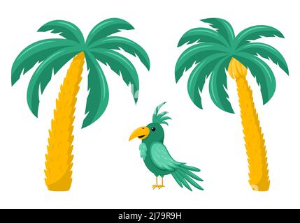 Tropical palm trees and a parrot. Exotic plant and animal. Palm tree with bananas. Vector illustration in a flat cartoon style isolated on a white bac Stock Vector
