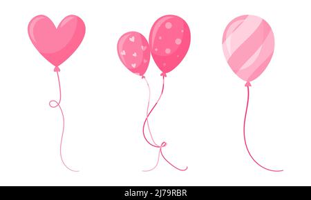 Pink festive balloons of classic shape and heart shape. Striped, with circles and hearts. A symbol of the holiday, a decorative element. Vector illust Stock Vector