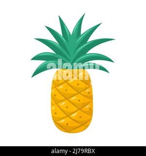 A whole pineapple with leaves. Tropical, exotic fruit. A bright fruit, a symbol of summer. Vector illustration in a flat cartoon style isolated on a w Stock Vector