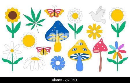 Set with retro flowers, psychedelic mushrooms with eyes, butterflies. Daisies, hemp leaf, flower with smiley face, pigeon. Color vector illustrations Stock Vector
