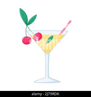 Summer beach drink with cherry berries in a transparent cocktail glass with a straw and leaves. Useful beverage in cartoon style on a white background Stock Vector