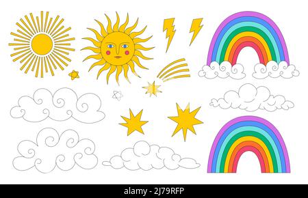A set of natural elements in retro style with a stroke. Sun with face and eyes, vintage clouds, rainbow, lightning, stars. Bright colored vector illus Stock Vector