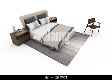 Bed, cabinet, chair isolated on white background. 3D rendering. Stock Photo