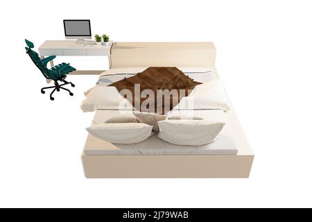 Bedroom bed, computer, table and chairs isolated on white background, 3D rendering. Stock Photo