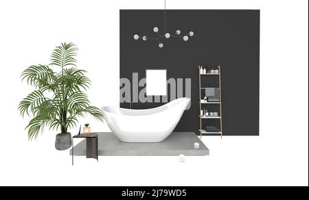 Bathroom on white background with bathtub, chandelier, picture frame, cosmetic rack. 3D rendering. Stock Photo
