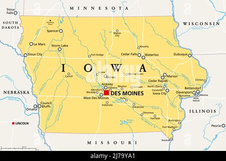 Iowa, IA, political map, with the capital Des Moines and most important cities, rivers and lakes. State in the Midwestern region of the United States. Stock Photo