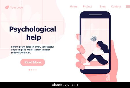 Psychological help web banner. Female character depression, Unhappy woman sit on floor with Tangled thoughts in head, girl need psychological help, mi Stock Vector