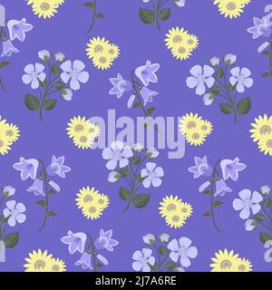 Seamless pattern with sunflowers, bellflowers and blackberry flowers Stock Vector