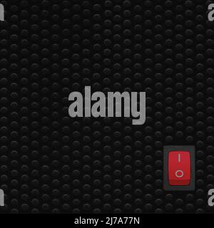 Red rectangle rocker power switch in on position, black abstract dot texture frame vertical pattern, natural blank empty copy space background Stock Photo