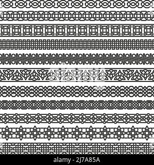 Celtic seamless border. Scotland knots, ancient decorative ornament pattern vector set Stock Vector