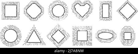 Microchip frame. Electronic chip, CPU border and digital circuit line board. Computer rocessors vector set Stock Vector