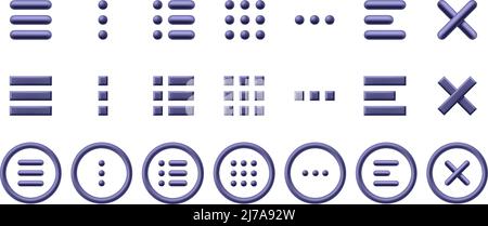 Burger menu icon. Minimal hamburger, grid and close X symbol. 3D stylised website UI icons vector set Stock Vector