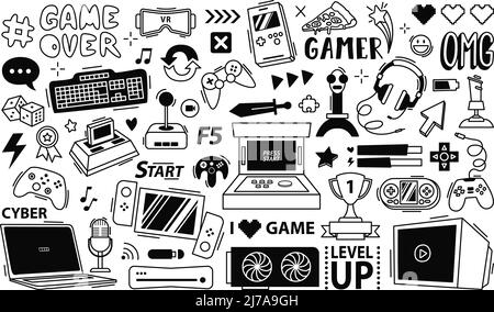 Gaming streaming doodle. Game gadgets, gamer equipment and cyber sport games controllers vector set Stock Vector