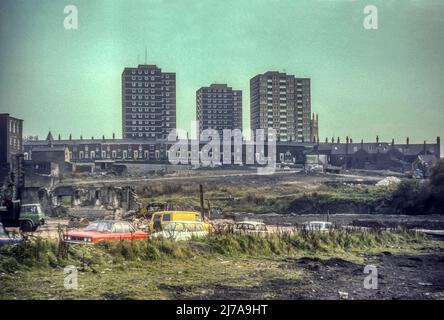 1975 archive image of the Primrose Bank Redevelopment Area in Blackburn, Lancashire. Tower blocks behind terraced housing were built in late 1960s and have since been part demolished and part refurbished. Stock Photo