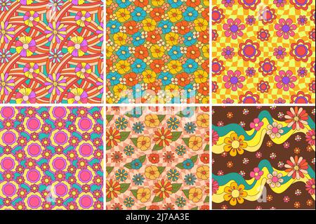 Groovy flowers background. Funky floral pattern, psychedelic 70s backdrop and hippie flower garden wallpaper vector set Stock Vector