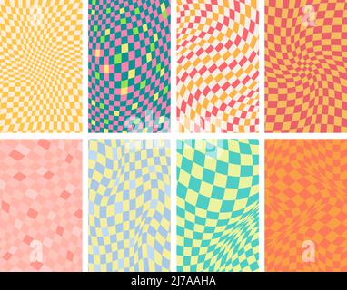 Groovy grid. Wavy psychedelic background, 70s swirl texture and trippy grids vector set. Stock Vector