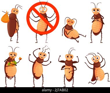 Cockroach mascot. Cartoon roach character, insect in prohibition stop sign and pests beetle vector illustration set Stock Vector