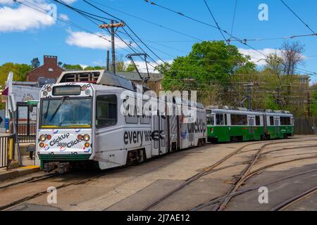 Boston Metro MBTA Ansaldo Breda Type 8 train at Boston College terminal station in Brighton, city of Boston, Massachusetts MA, USA. Stock Photo