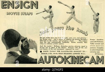 Advertisement from June 1930 for the ENSIGN AUTOKINECAM automatic home movie camera for your own cine pictures Stock Photo