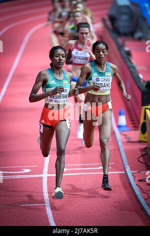 Axumawit Embaye and Hirut Meshesha participating in the Belgrade 2022 World Indoor Championships in the 1500 meters. Stock Photo