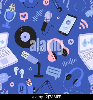 Podcast pattern, seamless texture, various microphones, mic, headset, speaker, stylized icons, broadcasting, sound recording, streaming background. Stock Vector