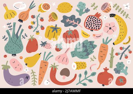 Vegetable foods collection, various fruits, asparagus, broccoli, greens. Cooking ingredients. Hand drawn stylized vector illustrations Stock Vector