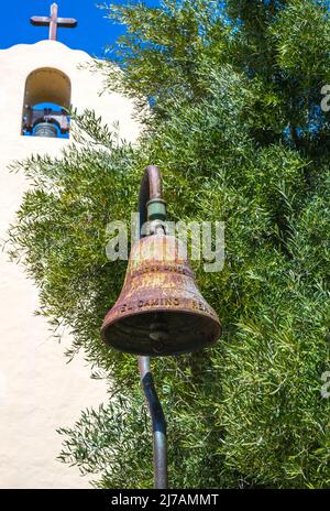 El Camino Real Bell outside the Old Mission Santa Ines. Solvang, California, USA. Stock Photo