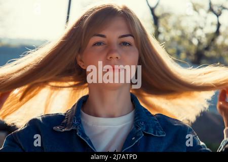 Beautiful blonde Ukrainian girl smiling Stock Photo