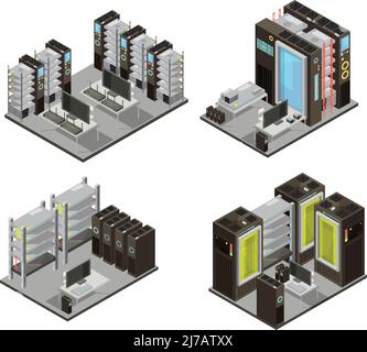 Data center isometric compositions including hosting servers for cloud services with workstation for administration isolated vector illustration Stock Vector