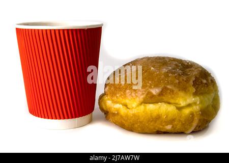 Coffee in paper cup and donut isolated on white. Stock Photo