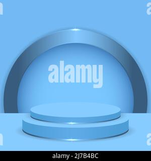 Light blue 3d realistic podium in blue background with metallic blue arch. Three-dimensional stage pedestal or platform. Abstract round display scene Stock Vector