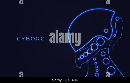 Cyborg or robot neon head. Artificial intelligence futuristic abstract robotics concept on dark blue background. Vector illustration. Stock Vector