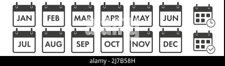 Yearly calendar icons set. All twelve months with names in abbreviated form. Plus two additional planning icons. Flat vector illustration isolated on Stock Vector