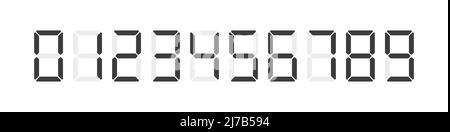 Digital clock number set. Led digit set. Calculator digital numbers. Electronic figures from 0 to 9. Vector illustration isolated on white. Stock Vector
