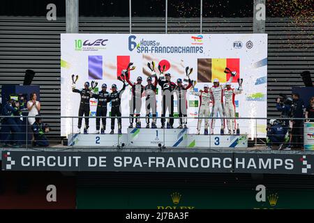 (220508) -- STAVELOT, May 8, 2022 (Xinhua) -- Team members of Toyota Gazoo Racing (C), Alpine Elf (L) and WRT pose for photo during the podium ceremony of the 6 Hours Of Spa-Francorchamps, the second round of the 2022 FIA World Endurance Championship (WEC) at Circuit de Spa-Francorchamps in Stavelot in Belgium, May 7, 2022. (Xinhua/Zheng Huansong) Stock Photo