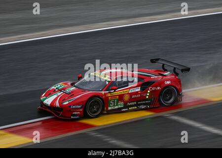 (220508) -- STAVELOT, May 8, 2022 (Xinhua) -- AF Corse's Alessandro Pier Guidi and James Calado drive the Ferrari 488 GTE EVO of the LMGTE Pro class during the 6 Hours Of Spa-Francorchamps, the second round of the 2022 FIA World Endurance Championship (WEC) at Circuit de Spa-Francorchamps in Stavelot in Belgium, May 7, 2022. (Xinhua/Zheng Huansong) Stock Photo
