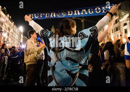 Fans of Futebol Clube do Porto celebrate the victory of the 30th national champion title at Avenida dos Aliados in Porto. Stock Photo