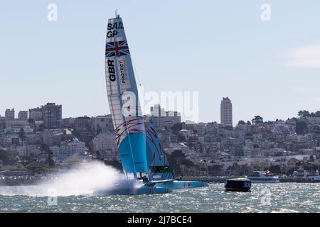Led by Driver Ben Ainslie the Great Britian  F50 Catamaran rounds the buoy while racing in the waters of San Francisco Bay during the 2022 SailGP race Stock Photo