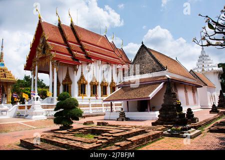 Ancient old ordination hall or antique ubosot church and ruins stupa chedi for thai people visit respect praying blessing holy worship at Wat Chomphuw Stock Photo